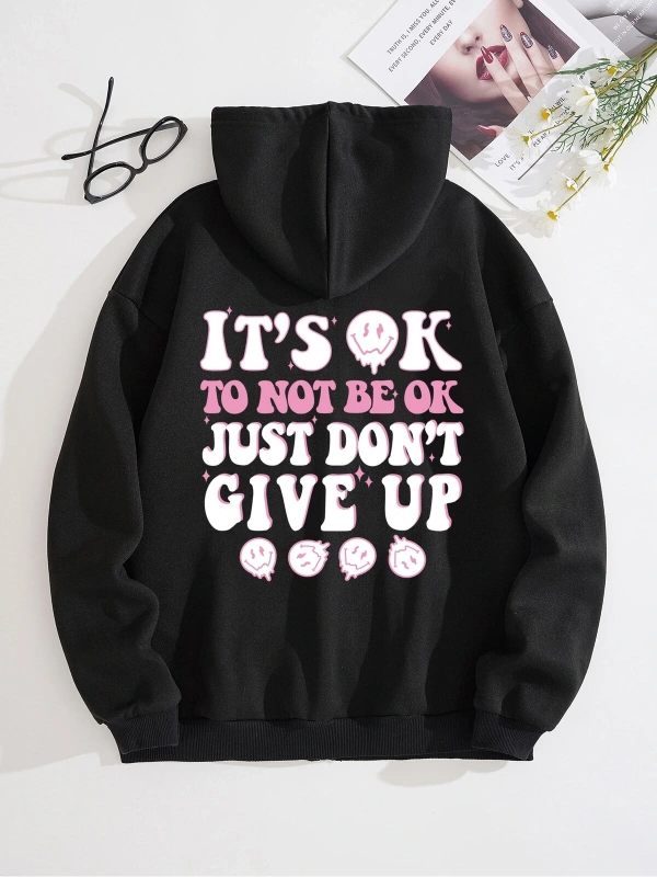 Slogan Graphic Zip Up Drawstring Lined Hoodie Siyah