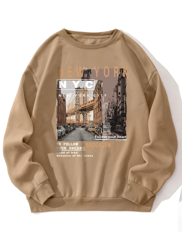 Slogan & Picture Print Lined Sweatshirt Haki