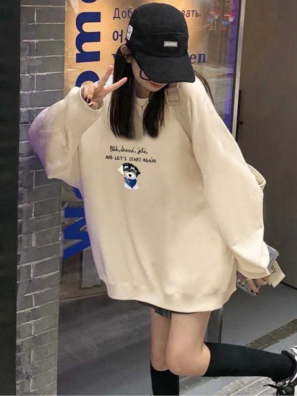 Slogan ve Karikatür Grafikli Düşük Omuz Oversize Sweat Bej
