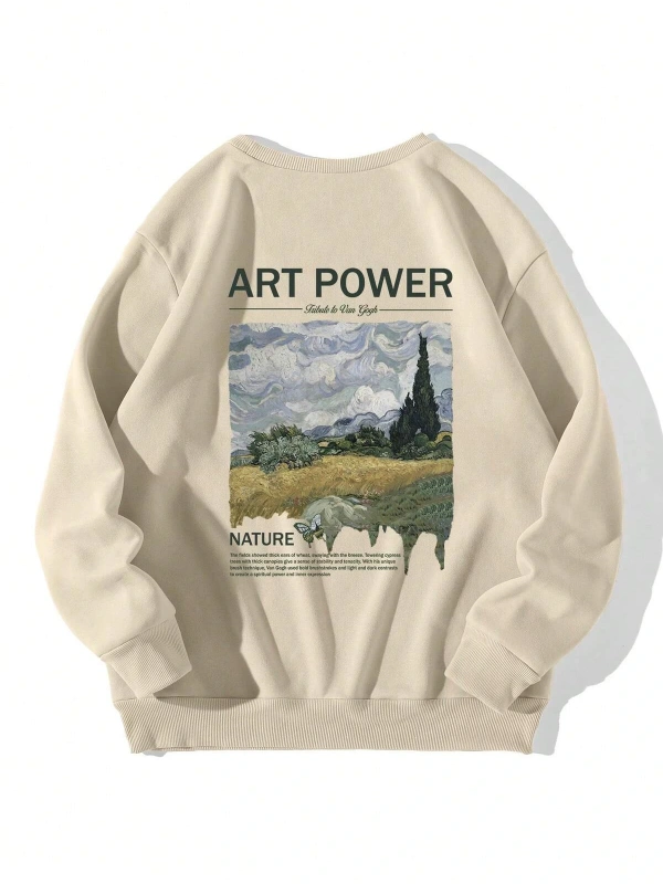 Sloganlı ve Dağ Baskılı Sweatshirt Bej