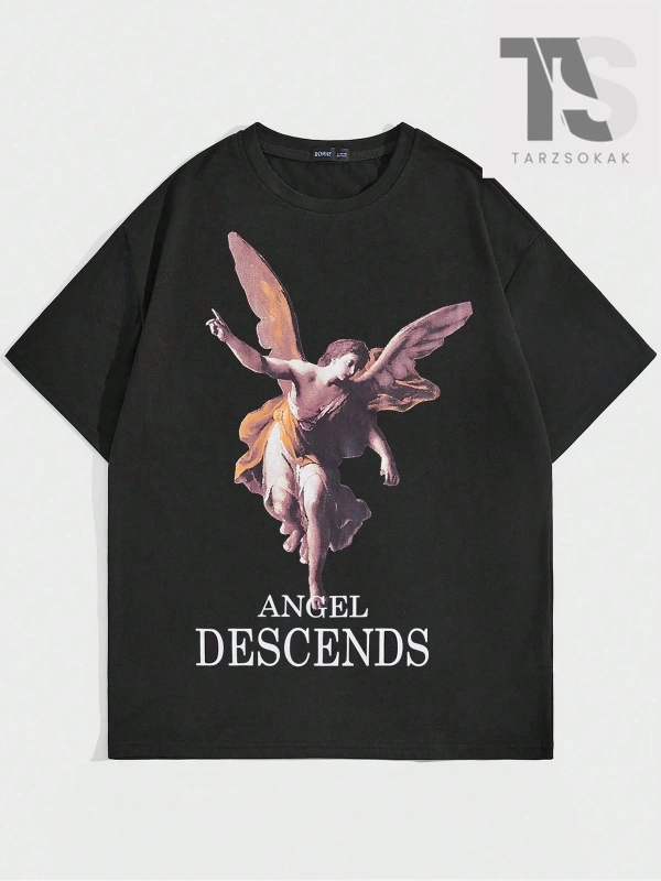 Sloganlı ve Melek Desenli Erkek Baskılı Yuvarlak Yaka T-Shirt