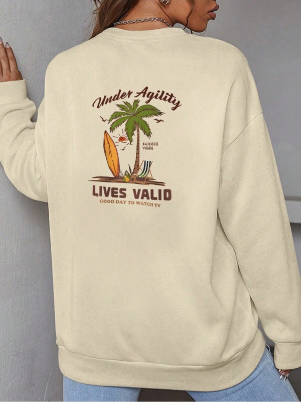 Sloganlı ve Tropikal Baskılı Düşük Sweat Bej