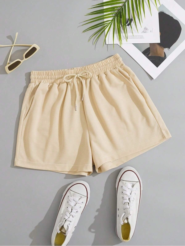 Solid Drawstring Waist Slant Pocket Şort