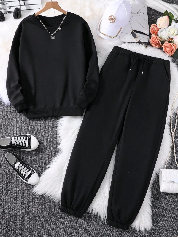 Solid Termal Astarlı Sweatshirt ve Bağcıklı Bel Eşofman Altı