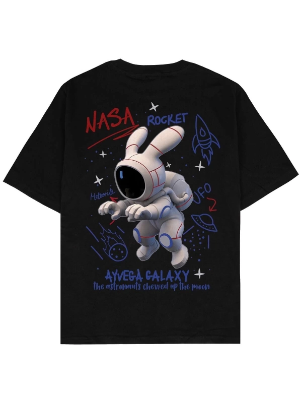 Space Bunny Siyah Oversize Unisex T-shirt