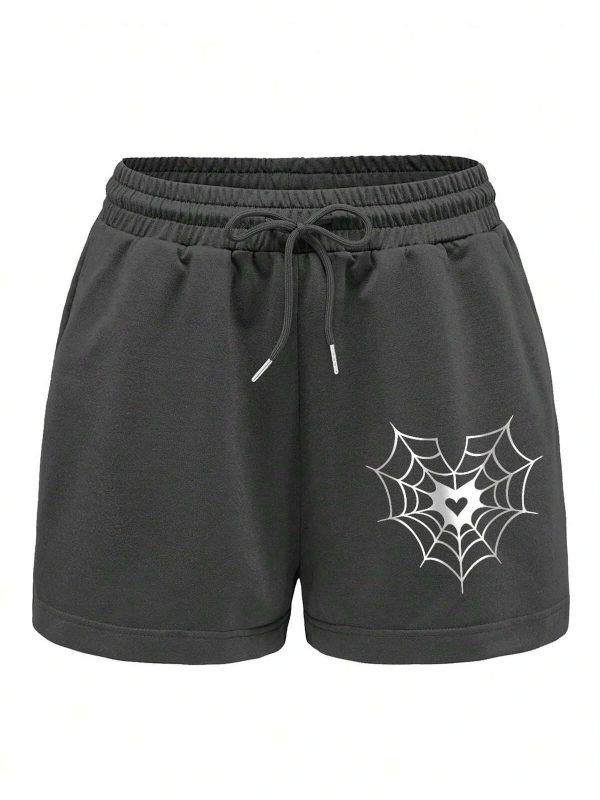 Spider Web & Heart Print Drawstring Waist Şort