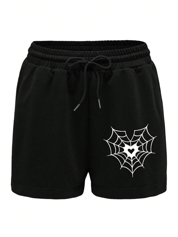 Spider Web & Heart Print Drawstring Waist Şort