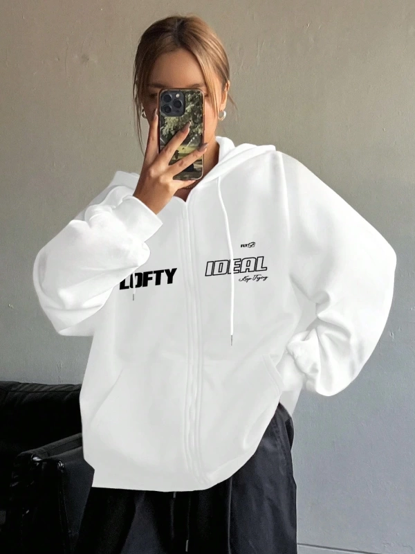 Star Kadın Sonbahar/Kış Mektup Baskılı Fermuarlı Bağcıklı Kapüşonlu Sweatshirt Model 5181