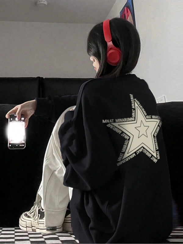 Star Pattern Drop Shoulder Oversized Pullover Siyah