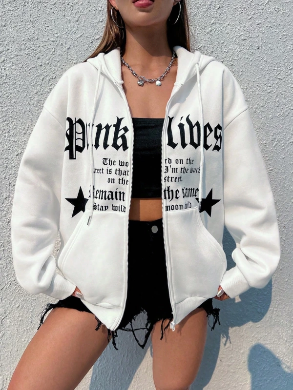 Star & Slogan Grafikli Düşen Omuz Bağcıklı Termal Astarlı Kapüşonlu Sweatshirt Aynı  Model 5140