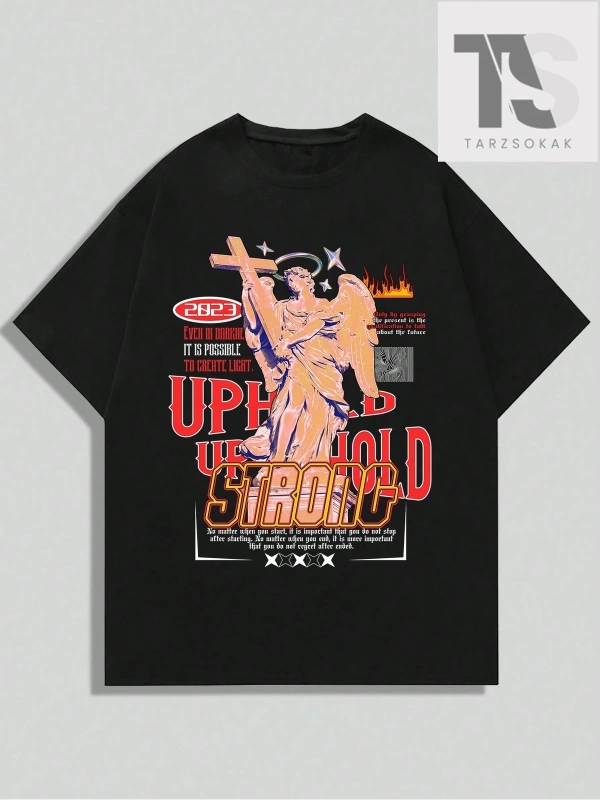 Street Life Erkek Melek & Harf Baskılı Kısa Kollu T-shirt