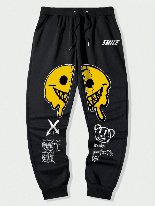 Street Life Guys Cartoon & Letter Graphic Drawstring Waist Eşofman Altı