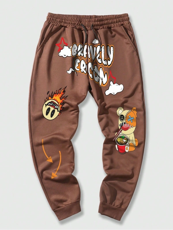 Street Life Guys Cartoon & Letter Graphic Drawstring Waist Eşofman Altı