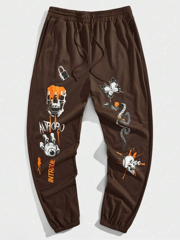 Street Life Guys Letter & Skull Print Drawstring Waist Eşofman Altı