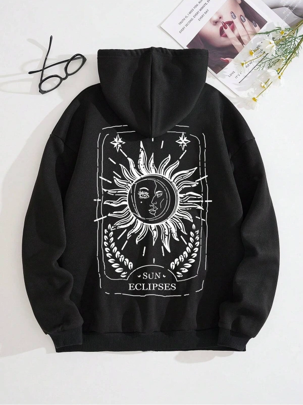 Sun & Moon Print Zip Up Drawstring Lined Hoodie Siyah