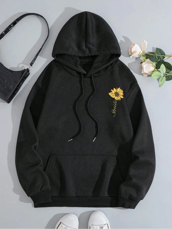 Sunflower Print Kangaroo Pocket Drawstring Hoodie Siyah