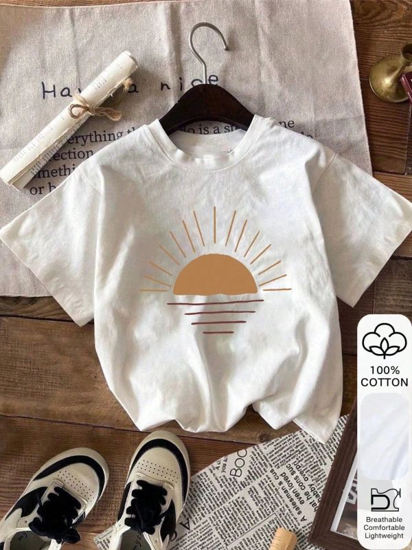 Sunrise Grafik Baskı, Yaz Kadın %100 Pamuklu Kısa Kollu, Beyaz Kısa Kollu, Grafik Tişörtler,