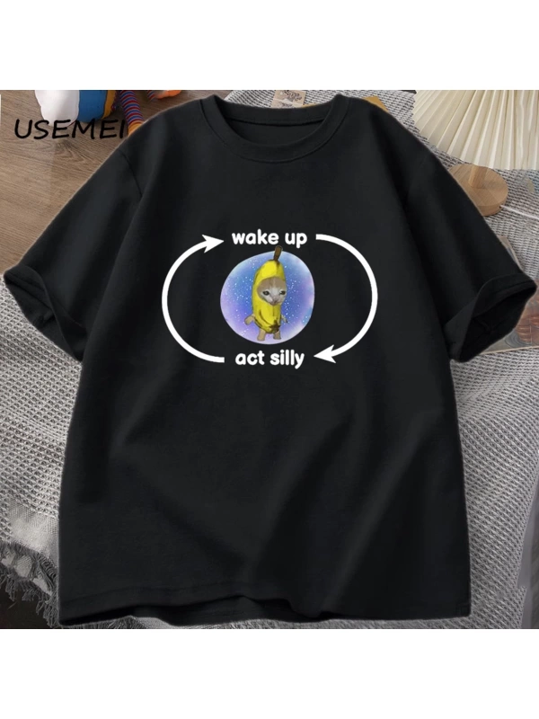 T Shirt ağlayan muz kedi Meme T-shirt komik üzgün Kitty kedi