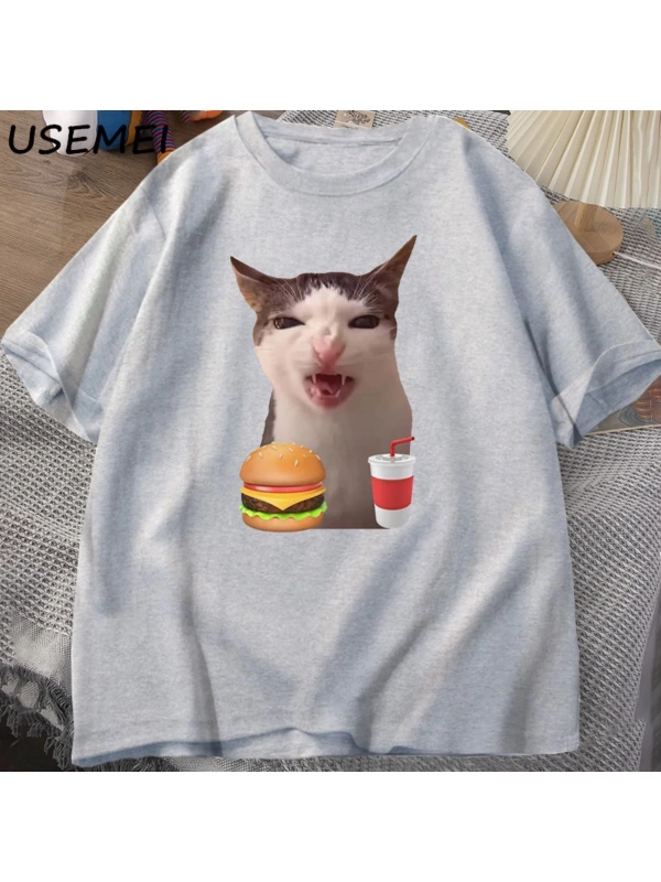 T-shirt kadın erkek aptal T shirt komik kedi yeme T-Shirt pamuk kısa