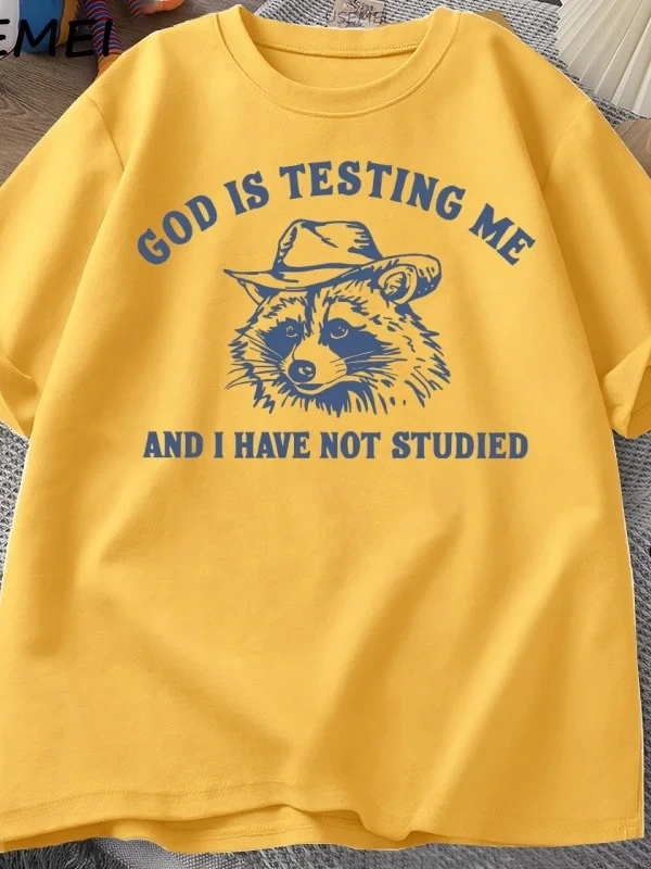 Tanrı Bana Test Ediyor Komik Rakun T-shirt Erkekler Kadınlar için Baskılı Gevşek Rahat Rahat  3076