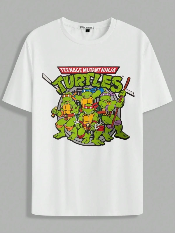 TEENAGE MUTANT NINJA TURTLES X SHEIN Erkek Baskılı Rahat Yuvarlak Yaka Kısa Kollu Örgü Tişört