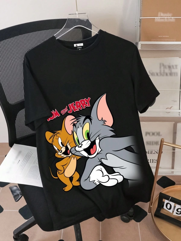 TOM & JERRY X SHEIN Erkek Yaz Rahat Karikatür Kedi Baskılı Kısa Kollu Tişört