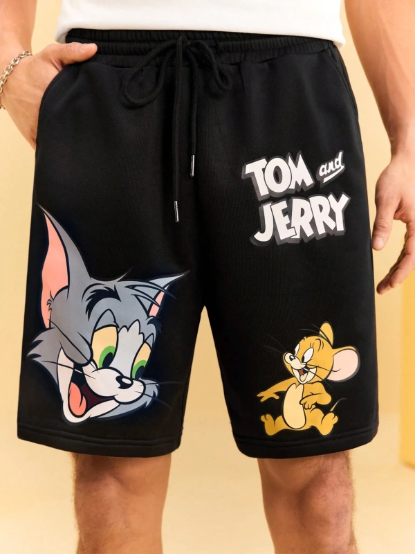 TOM & JERRY X SHEIN Erkek Yazlık Rahat Kedi ve Fare Baskılı Bağcıklı Bel Şortu