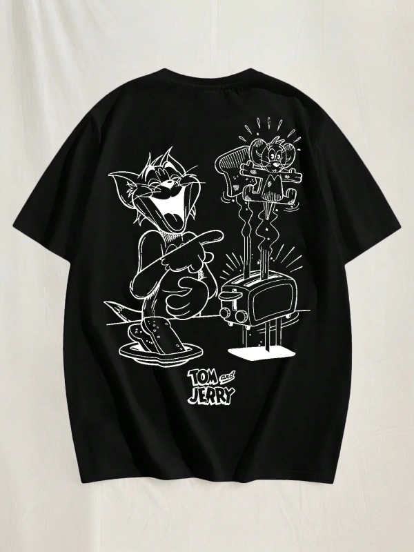 TOM & JERRY X SHEIN Unisex Rahat Fitted Karikatür Siyah Beyaz Karikatür Grafik Kısa Kollu Tiş