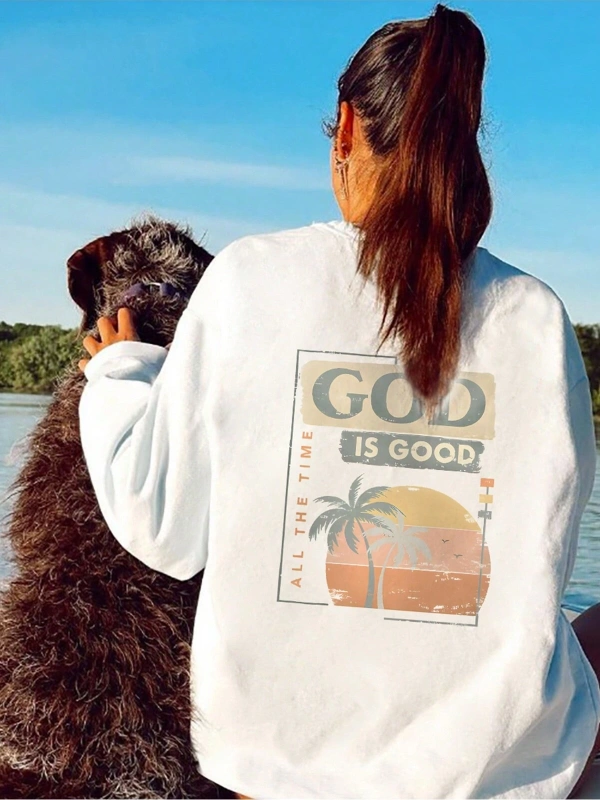 Tropikal ve Slogan Grafikli Düşük Sweat Beyaz