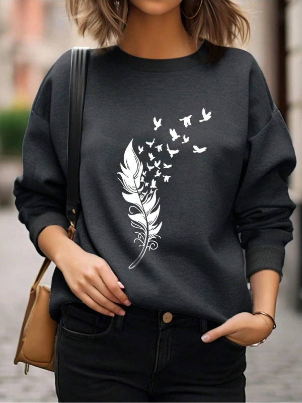 Tüy ve Kuş Desenli Damla Omuz Sweat Gri