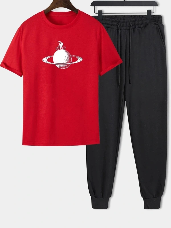 Unisex Astronaut Rides Baskılı 2li Eşofman Takımı TSH-SIYAH-ASTBISIKLET-ESH-DÜZ