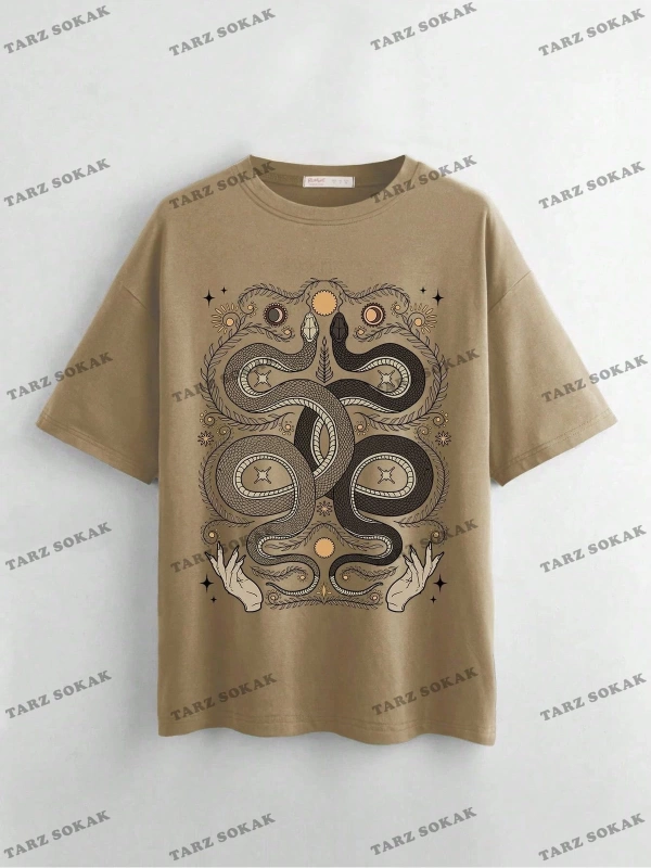 Unisex BAY  Academia Kadın Vintage Yılan Baskılı Bol Kesim T-Shirt KOD-1311