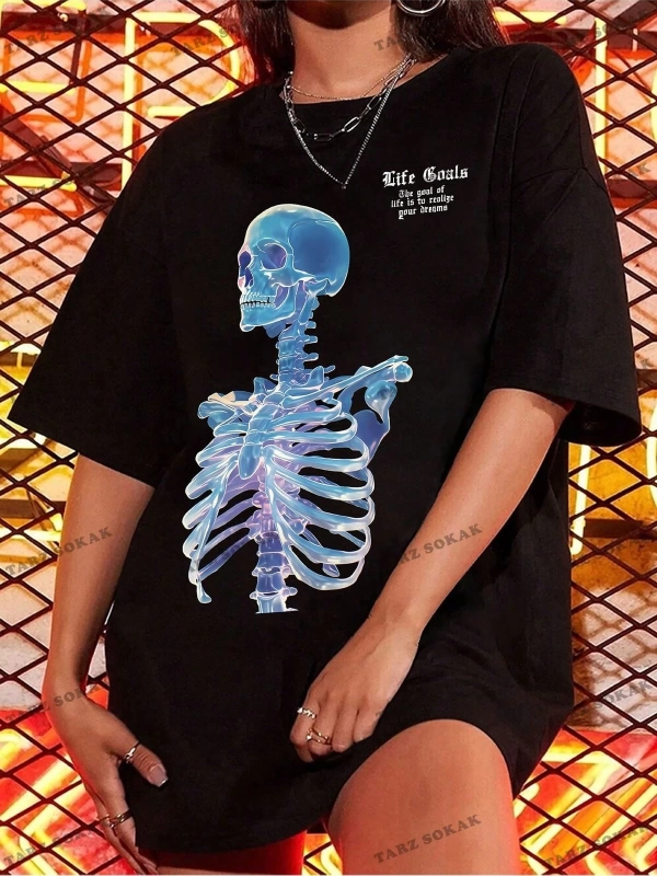 Unisex BAY  Goth Kadın Kafatası Desenli Damla Omuz T-shirt KOD-1368