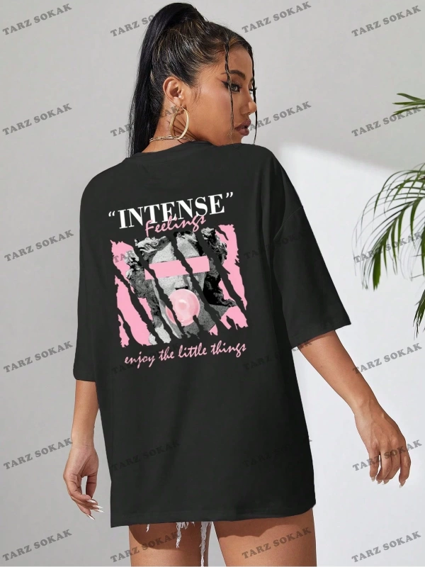 Unisex BAY  Heykel ve Slogan Baskılı Düşük Omuzlu Tişört KOD-1390
