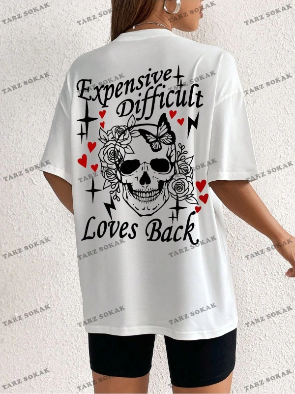 Unisex BAY  Kadın Kafatası Kafalı, Aşk Kalpli ve Harfli Baskılı Tişört KOD-1303