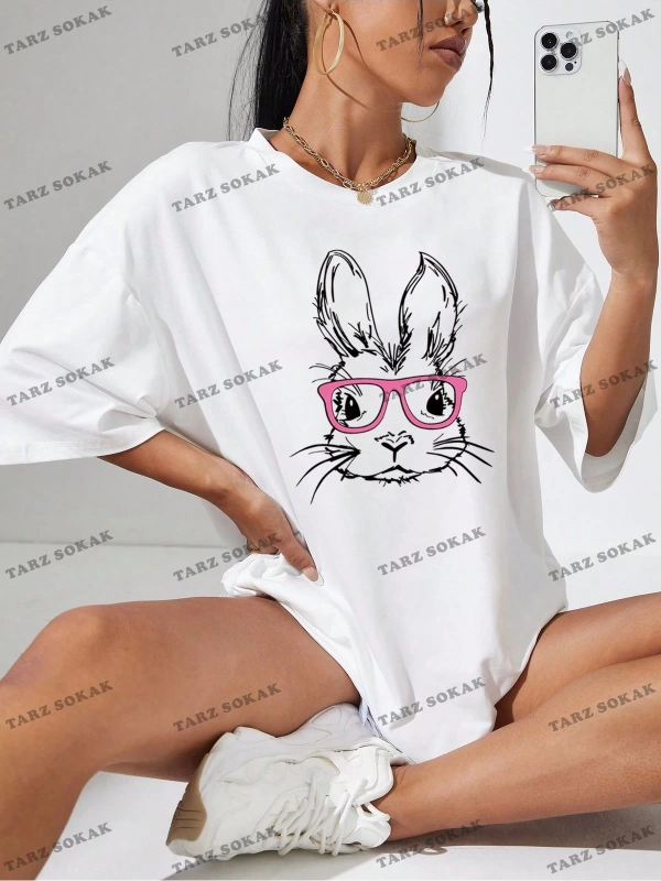 Unisex BAY  Kadın Karikatür Tavşan Baskılı Bol Kesim Tişört KOD-1354