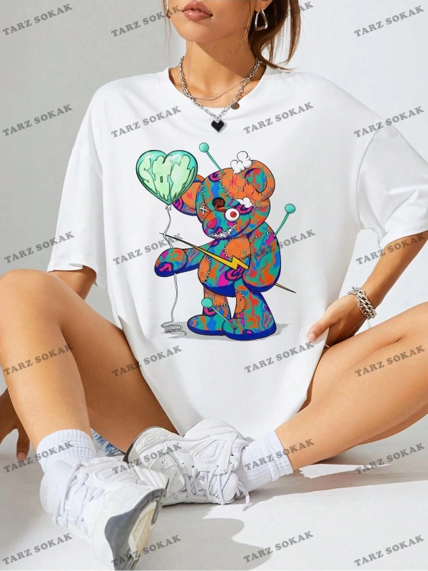 Unisex BAY  Karikatür Ayı Baskı Damla Omuz Büyük Boy Tişört KOD-1375