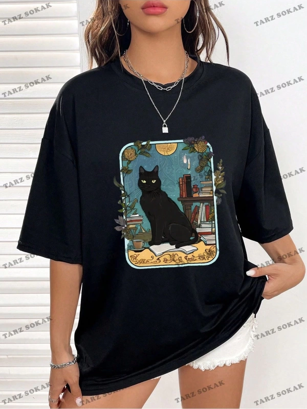 Unisex BAY  Kedi Desenli Damla Omuz Tişört KOD-1335