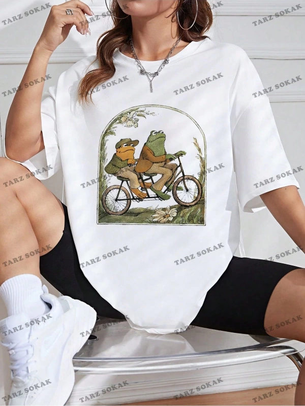 Unisex BAY  Kurbağa Desenli Düşük Omuzlu Tişört KOD-1364