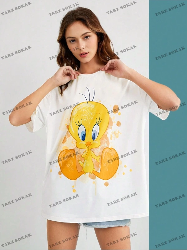 Unisex BAY  LOONEY TUNES X Karikatür Grafik Düşük Omuz Büyük Boy Tişört KOD-1319