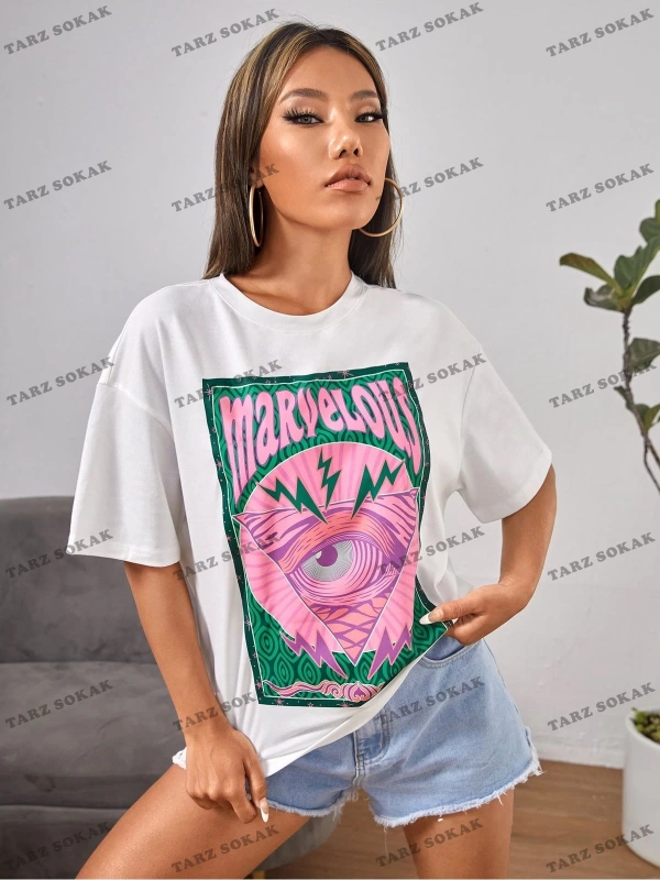 Unisex BAY  PETITE Göz ve Harf Grafik Damla Omuz Yazlık Giysiler Tişört KOD-1314