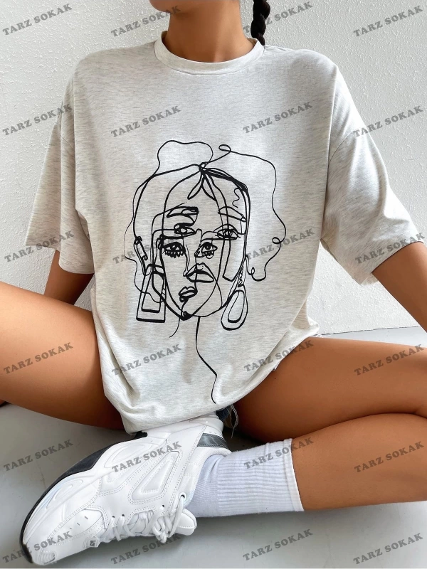 Unisex BAY  Şekil Grafiği Düşük Omuzlu Tişört KOD-1310