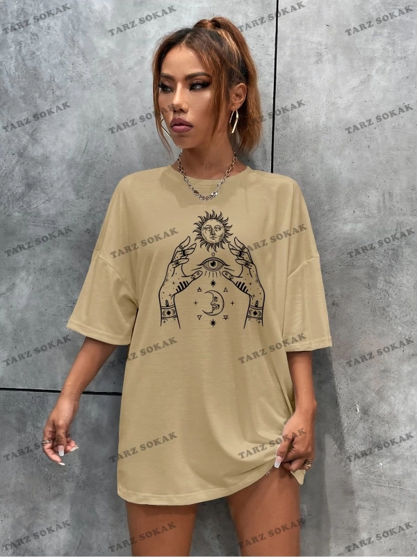 Unisex BAY  Sun & Figure Grafikli Düşük Omuzlu Tişört KOD-1363