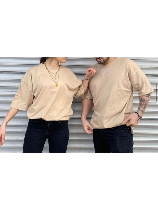 Unisex Bej Bisiklet Yaka Sevgili Kombin 2 Li Paket Tshirt