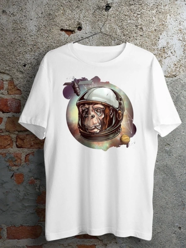 Unisex Beyaz Astronot Maymun Baskılı Oversize Bisiklet Yaka Tişört