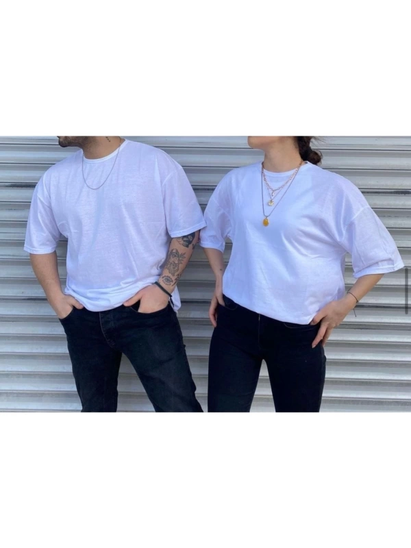 Unisex Beyaz Bisiklet Yaka Sevgili Kombin 2 Li Paket Tshirt