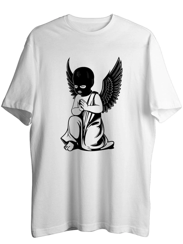 Unisex Beyaz Gangsta Angel T-shirt