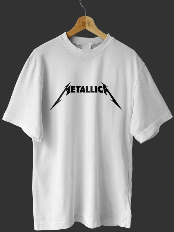 Unisex Beyaz Metallica Baskılı Oversize T-shirt