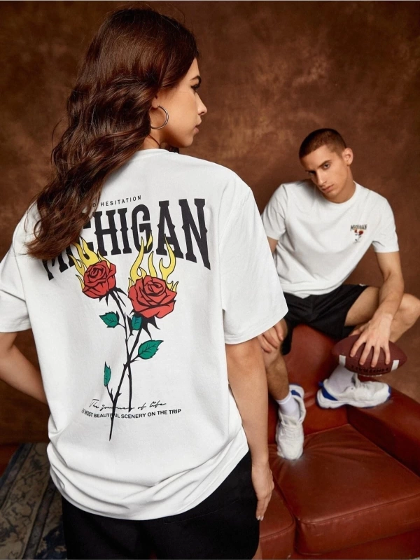 Unisex Beyaz Mıchıgan Baskılı 2li Set Sevgili Çift Kombini
