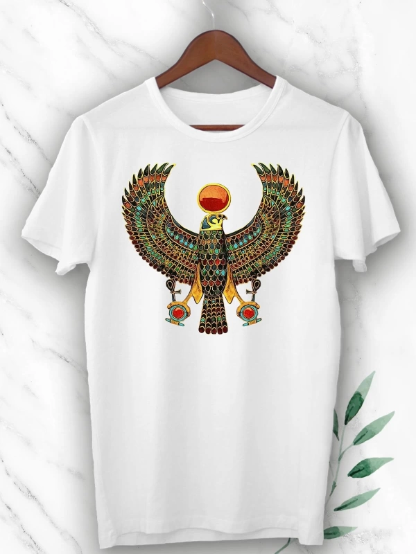 Unısex Beyaz Mitoloji Antik Mısır Horus Kartal Baskılı Tişört